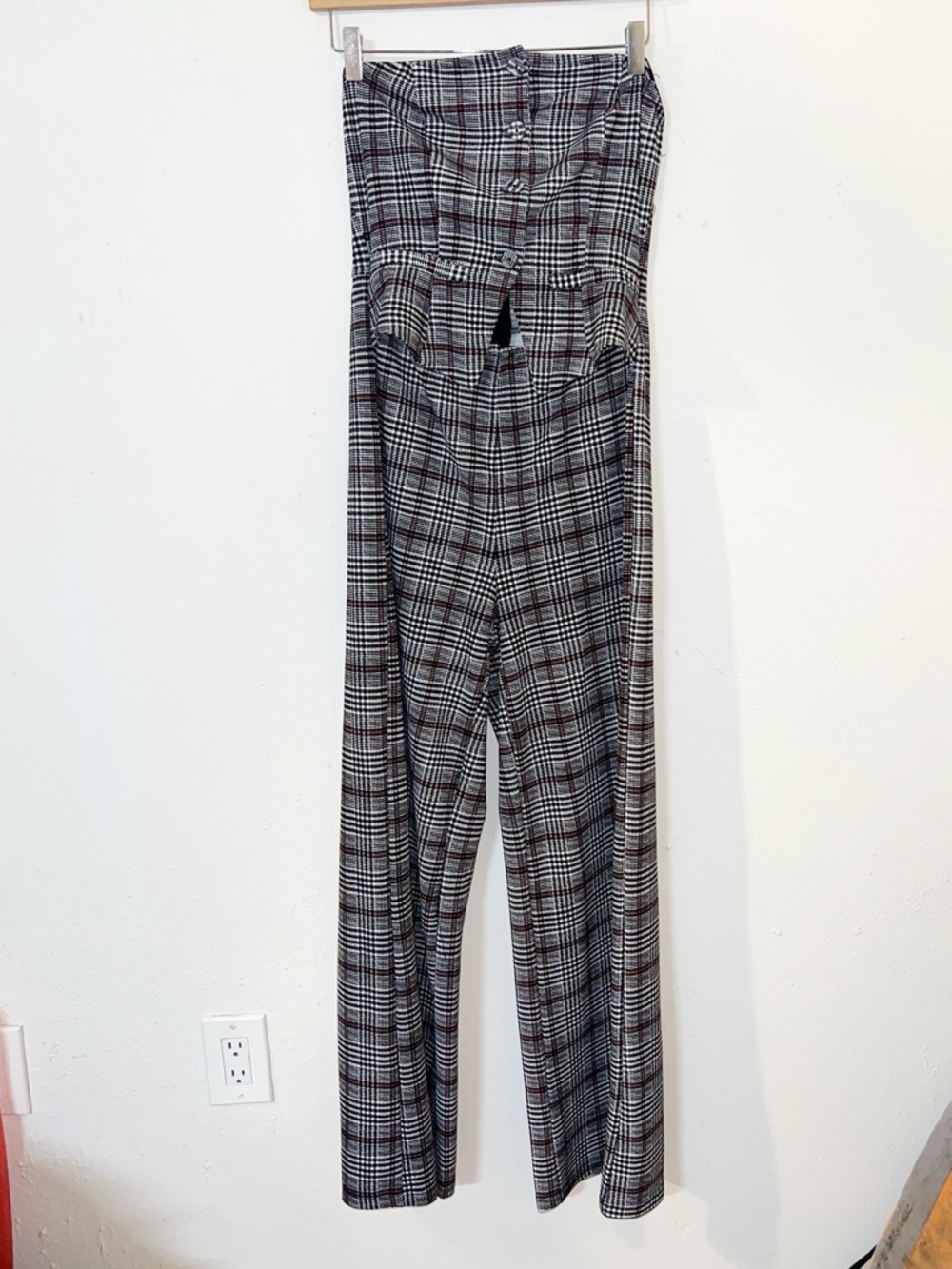 Almost Famous Plaid Tube Top Connected Trousers Jumpsuit Black Gray and Red